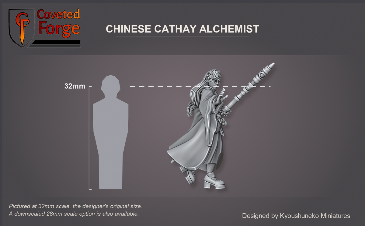 Coveted Forge scale render at 32mm, the original scale, with a 28mm downscale also available: the Chinese Cathay Alchemist beside a 32mm human silhouette, front three-quarter view.