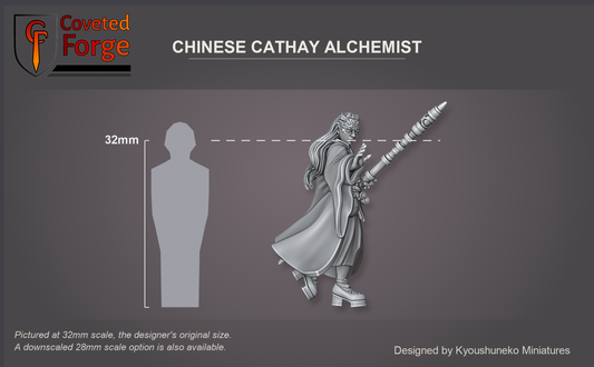 Coveted Forge scale render at 32mm, the original scale, with a 28mm downscale also available: the Chinese Cathay Alchemist beside a 32mm human silhouette, front three-quarter view.