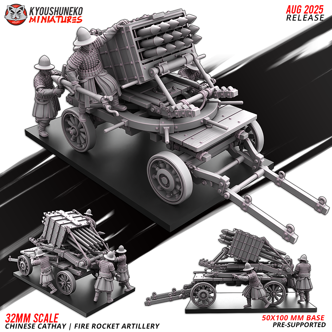 Chinese Cathay Fire Rocket Artillery, rocket battery wagon with its four crew, designer render by Kyoushuneko Miniatures.