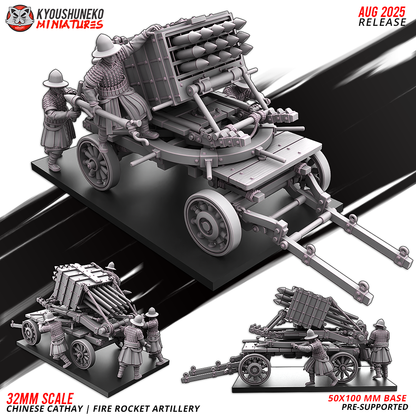 Chinese Cathay Fire Rocket Artillery, rocket battery wagon with its four crew, designer render by Kyoushuneko Miniatures.