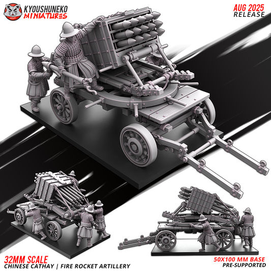 Chinese Cathay Fire Rocket Artillery, rocket battery wagon with its four crew, designer render by Kyoushuneko Miniatures.