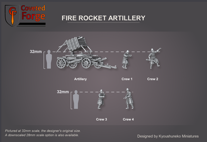 Coveted Forge scale render at 32mm, the original scale, with a 28mm downscale also available: Full Set shown with every model, Artillery and Crew 1 to Crew 4, each labelled, beside a 32mm human silhouette for size reference, three-quarter view; Artillery Only and Crew Only (Crew 1-4) are the same pieces; the base is not shown.
