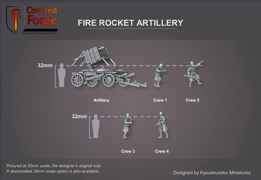 Coveted Forge scale render at 32mm, the original scale, with a 28mm downscale also available: Full Set shown with every model, Artillery and Crew 1 to Crew 4, each labelled, beside a 32mm human silhouette for size reference, three-quarter view; Artillery Only and Crew Only (Crew 1-4) are the same pieces; the base is not shown.