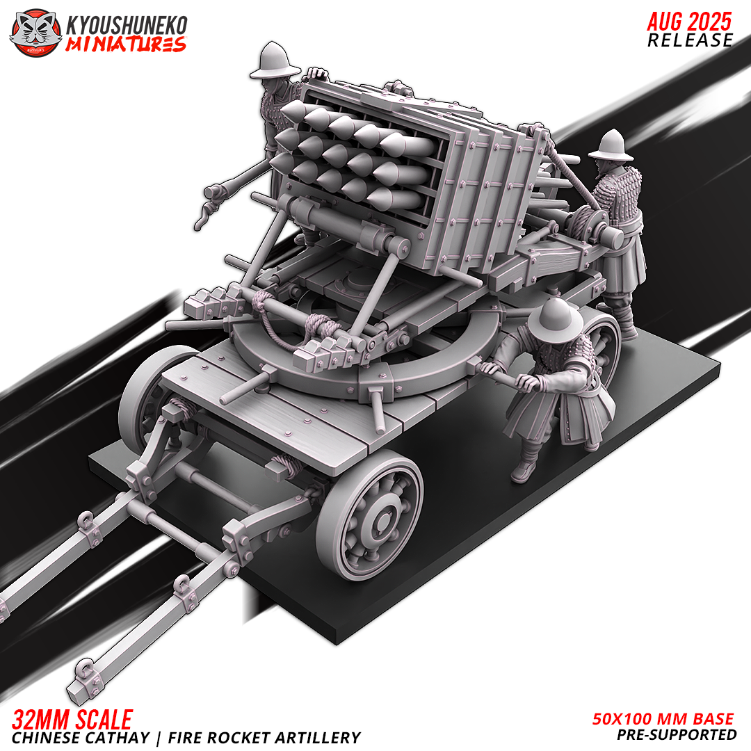 Chinese Cathay Fire Rocket Artillery, front three-quarter view of the rocket rack with 32mm crew beside the wagon for size reference, designer render.