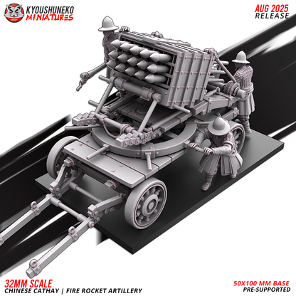 Chinese Cathay Fire Rocket Artillery, front three-quarter view of the rocket rack with 32mm crew beside the wagon for size reference, designer render.