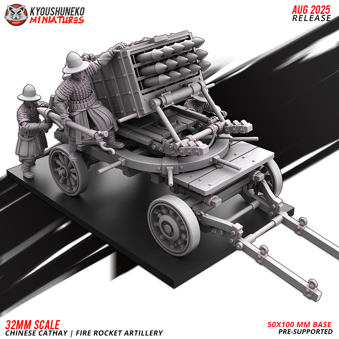 Chinese Cathay Fire Rocket Artillery, three-quarter view of the wagon and crew, designer render by Kyoushuneko Miniatures.