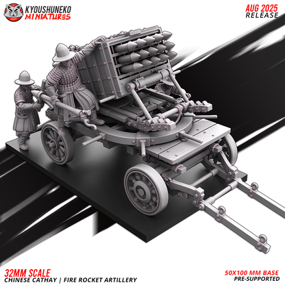 Chinese Cathay Fire Rocket Artillery, three-quarter view of the wagon and crew, designer render by Kyoushuneko Miniatures.