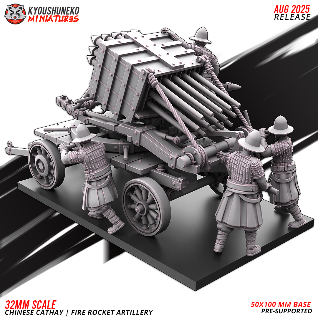 Chinese Cathay Fire Rocket Artillery, rear view showing the rocket tubes and crew, designer render by Kyoushuneko Miniatures.
