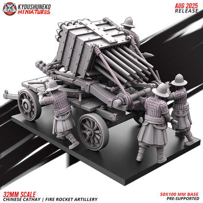Chinese Cathay Fire Rocket Artillery, rear view showing the rocket tubes and crew, designer render by Kyoushuneko Miniatures.