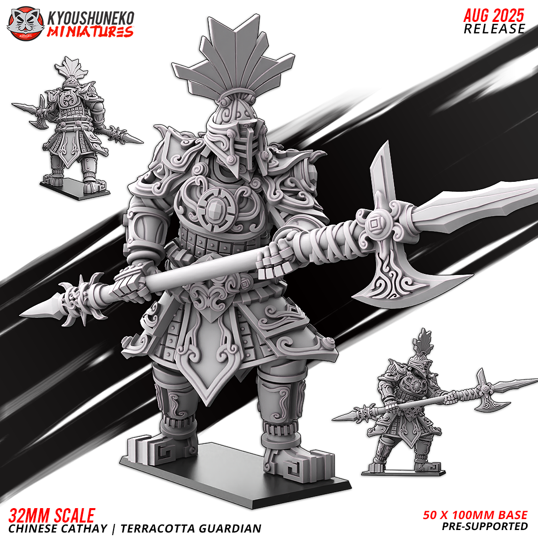 Chinese Cathay Terracotta Guardian, giant armoured statue with a halberd, designer render by Kyoushuneko Miniatures.