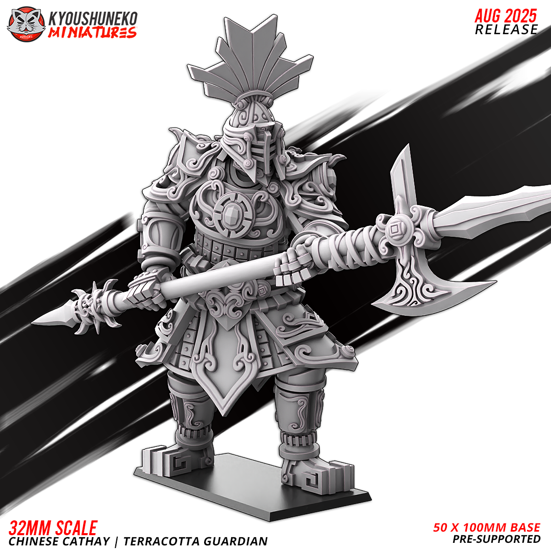 Chinese Cathay Terracotta Guardian, front view, designer render by Kyoushuneko Miniatures.