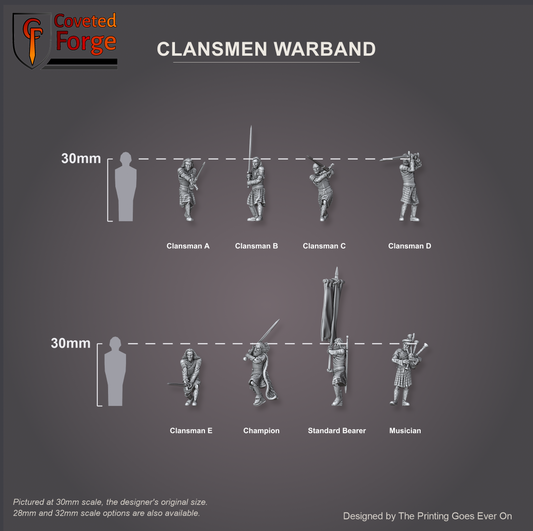 Render of Highland Clansmen Warband: scale lineup of all eight sculpts at 30mm beside a 30mm human silhouette, labeled Clansman A to E, Champion, Standard Bearer and Musician.