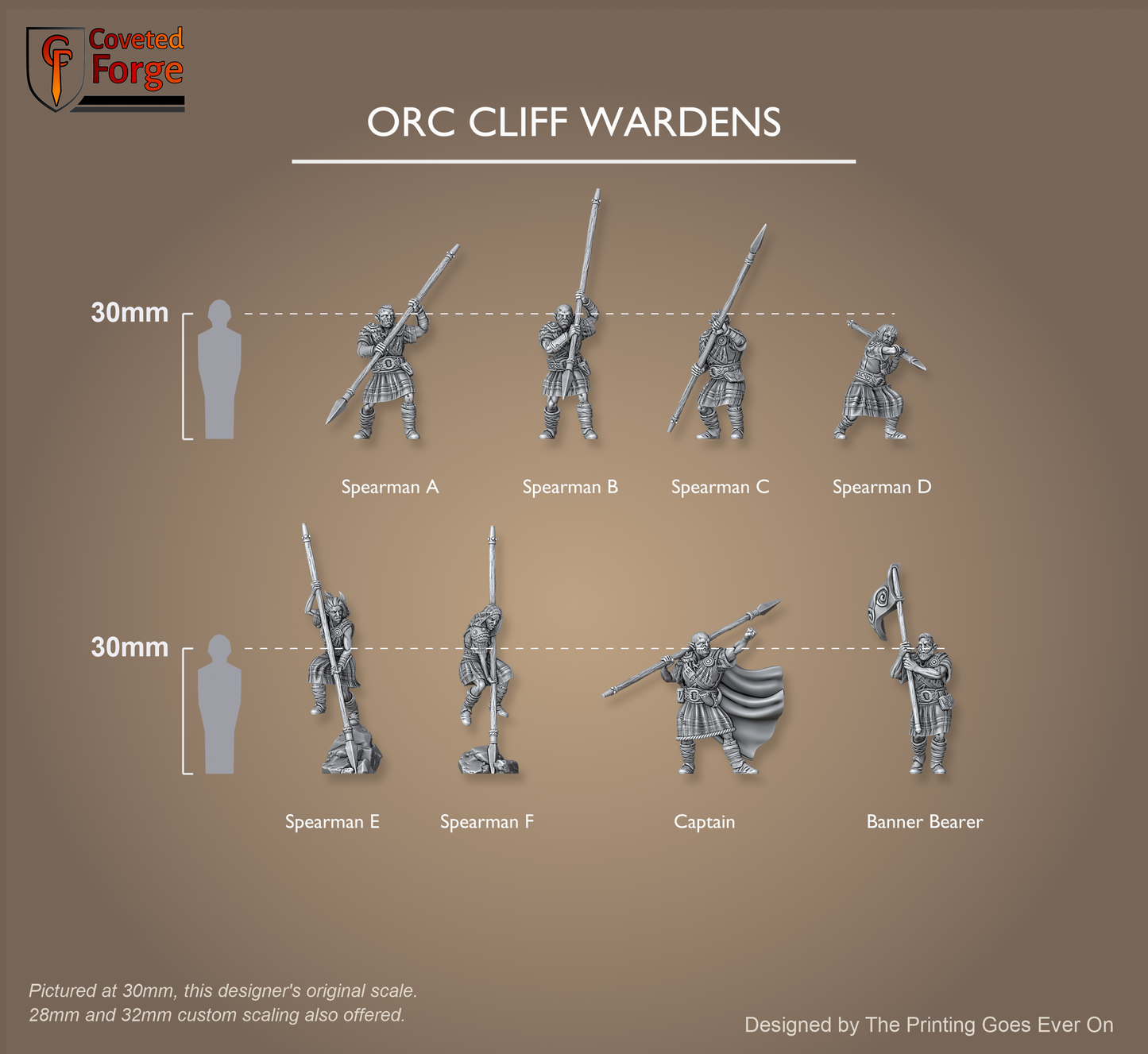 Orc Cliff Wardens full unit lineup, all eight sculpts labeled in two rows, each beside a 30mm human scale reference