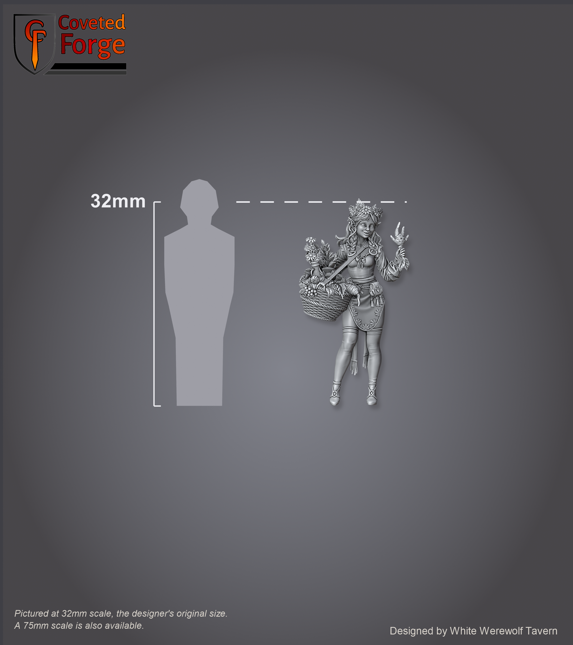 Scale reference: Clover Mossroot at 32mm scale beside a 32mm human silhouette