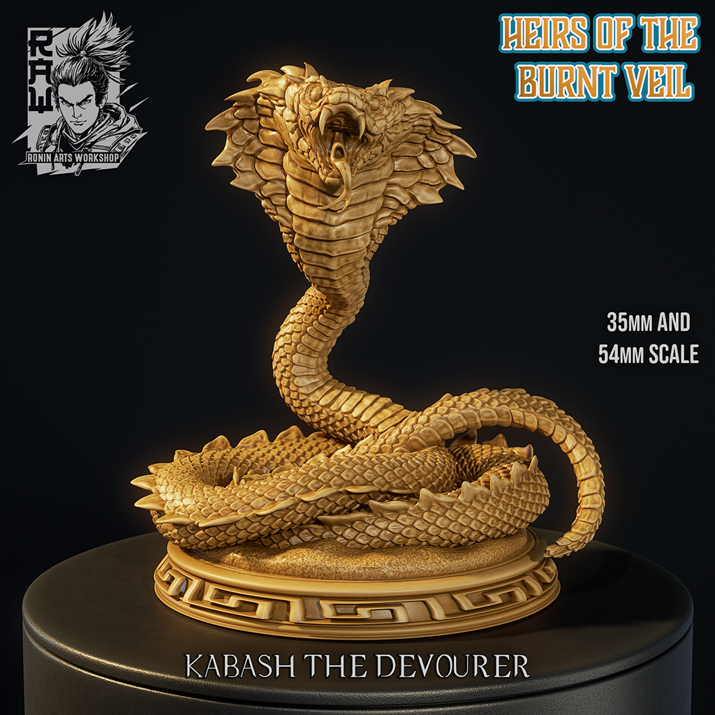 Kabash the Devourer giant cobra shown at 35mm and 54mm scale, designer scale reference by Ronin Arts Workshop.