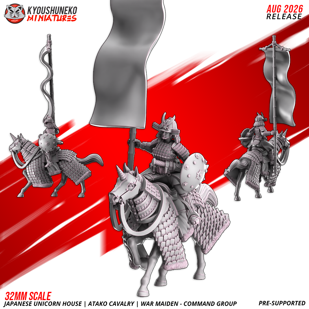 Atako War Maidens Command Group: mounted captain, flag bearer with tall banner and musician on barded horses, 3D printed resin miniatures by Kyoushuneko.