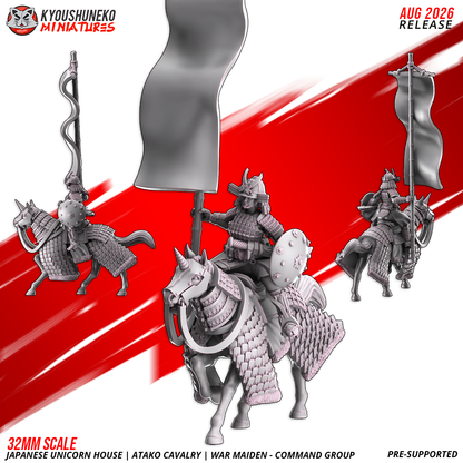 Atako War Maidens Command Group: mounted captain, flag bearer with tall banner and musician on barded horses, 3D printed resin miniatures by Kyoushuneko.