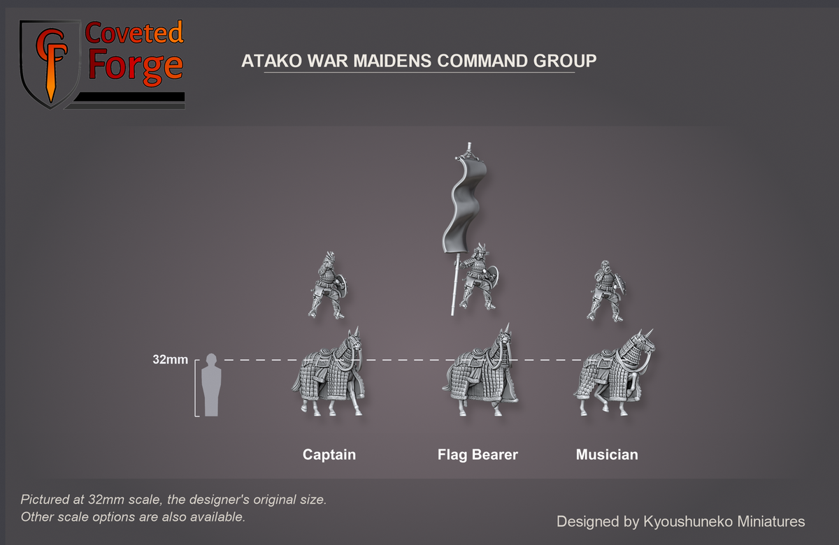 Coveted Forge scale render at 32mm scale (also offered at 28mm scale): the Atako War Maidens Command Group, Captain, Flag Bearer with banner and Musician, three-quarter view, each rider floated above its Atako heavy horse to show the two separate pieces; beside a 32mm human silhouette. The captain's spear is a separate piece and not shown.