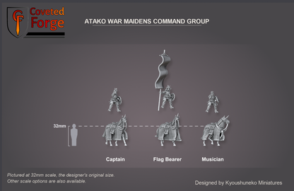 Coveted Forge scale render at 32mm scale (also offered at 28mm scale): the Atako War Maidens Command Group, Captain, Flag Bearer with banner and Musician, three-quarter view, each rider floated above its Atako heavy horse to show the two separate pieces; beside a 32mm human silhouette. The captain's spear is a separate piece and not shown.