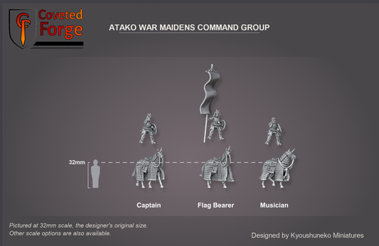 Coveted Forge scale render at 32mm scale (also offered at 28mm scale): the Atako War Maidens Command Group, Captain, Flag Bearer with banner and Musician, three-quarter view, each rider floated above its Atako heavy horse to show the two separate pieces; beside a 32mm human silhouette. The captain's spear is a separate piece and not shown.