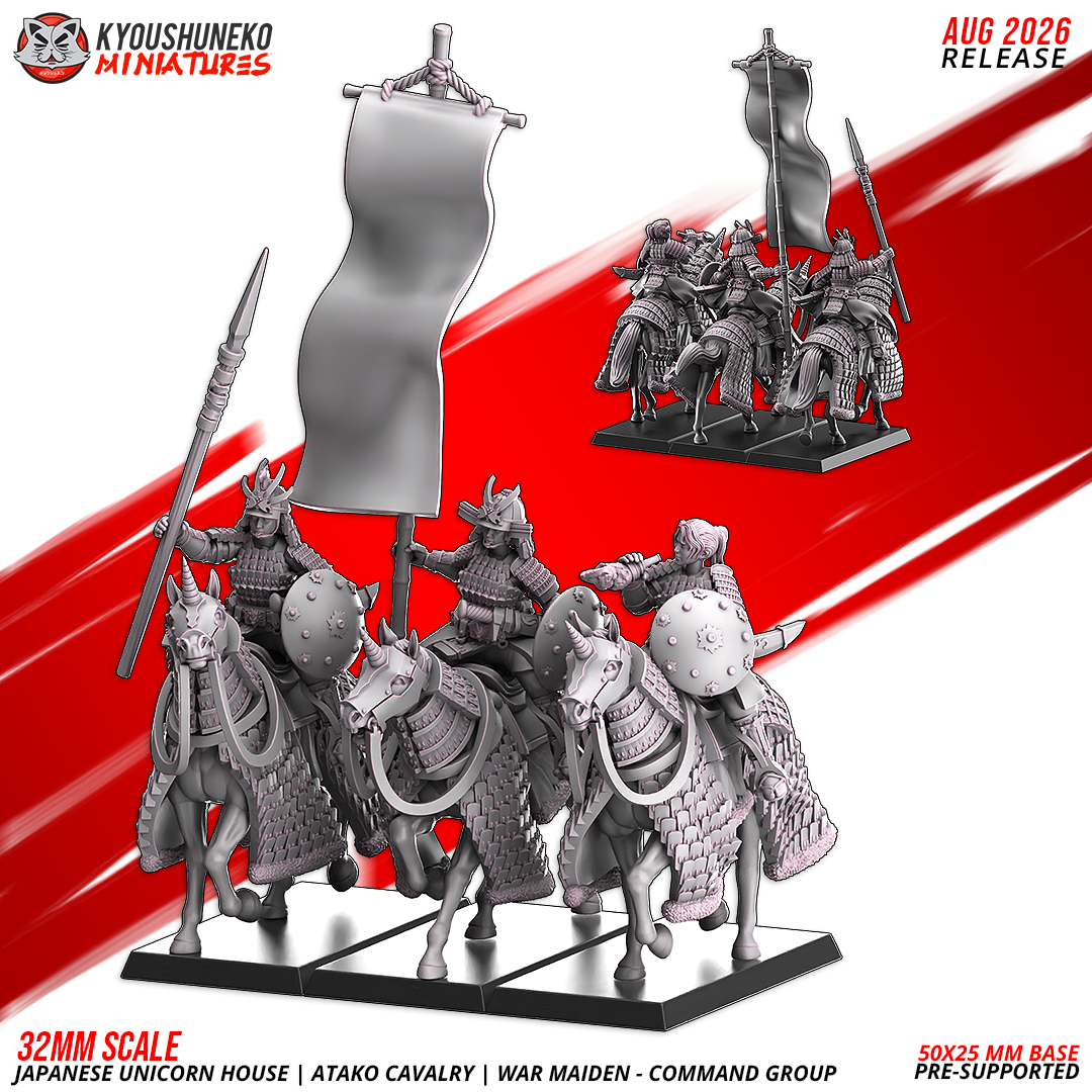 Atako War Maidens Command Group ranked on 50 x 25 mm bases at 32mm, banner raised, by Kyoushuneko.
