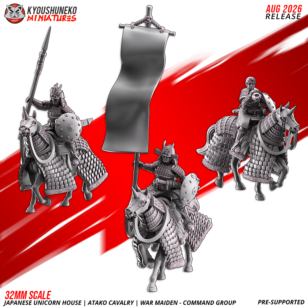 Atako War Maidens Command Group: captain, flag bearer and musician, designer's three-view sheet, by Kyoushuneko.
