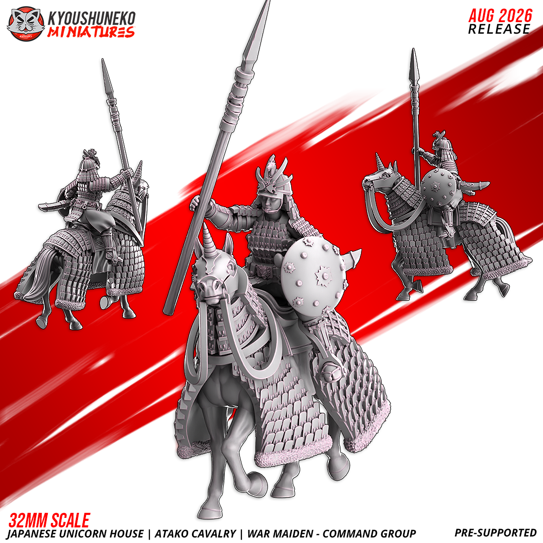 Atako War Maidens captain with raised spear and round shield on a barded horse, three views, by Kyoushuneko.