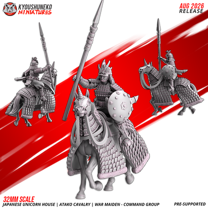Atako War Maidens captain with raised spear and round shield on a barded horse, three views, by Kyoushuneko.
