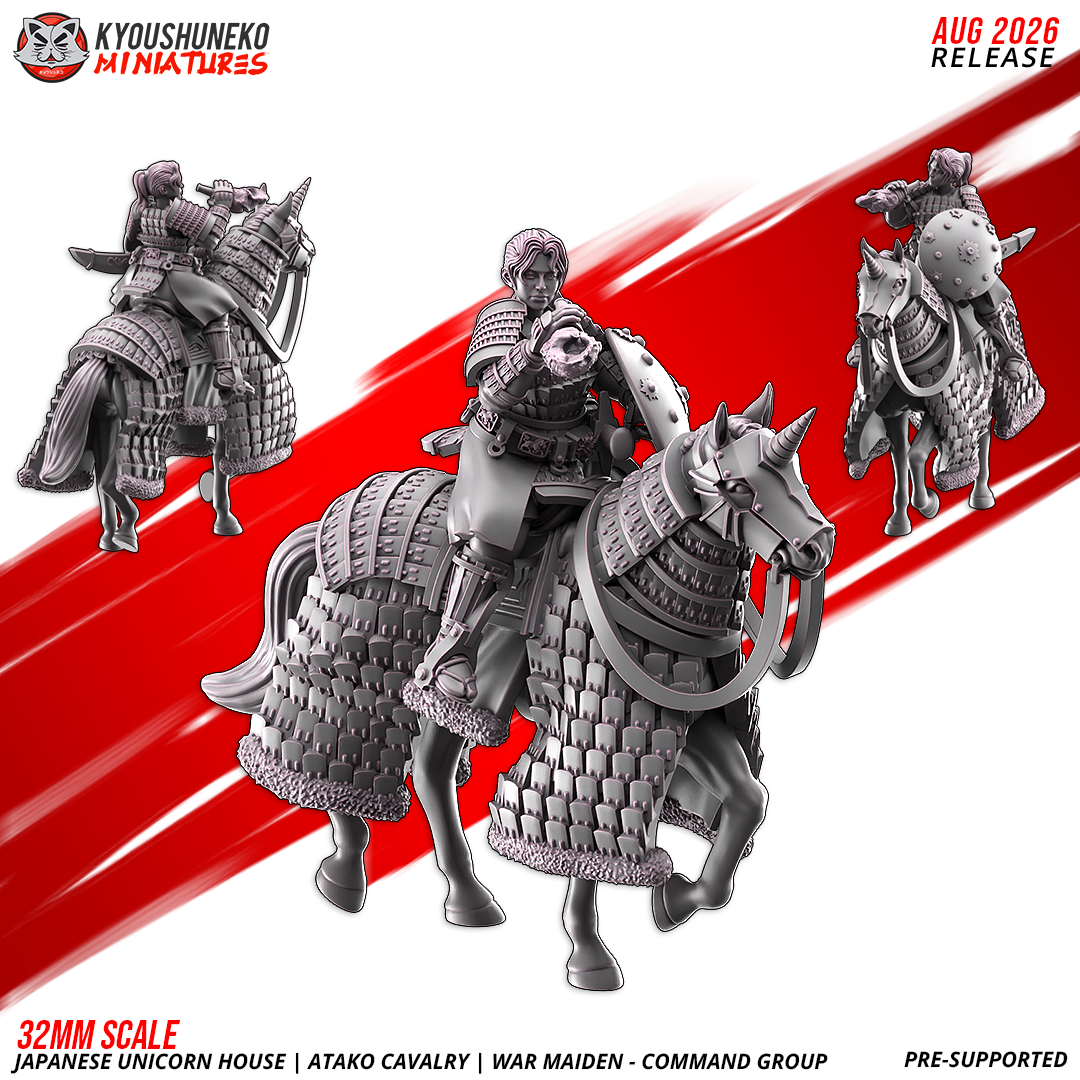 Atako War Maidens musician sounding a horn on a barded horse, three views, by Kyoushuneko.
