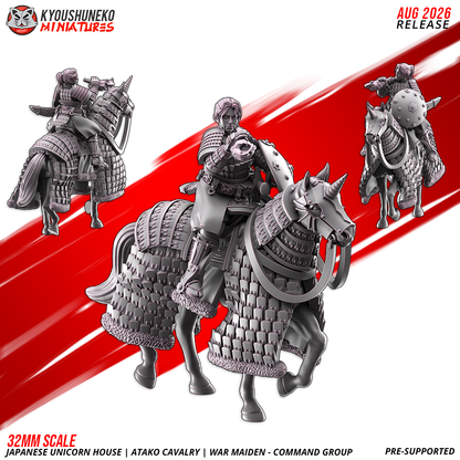 Atako War Maidens musician sounding a horn on a barded horse, three views, by Kyoushuneko.