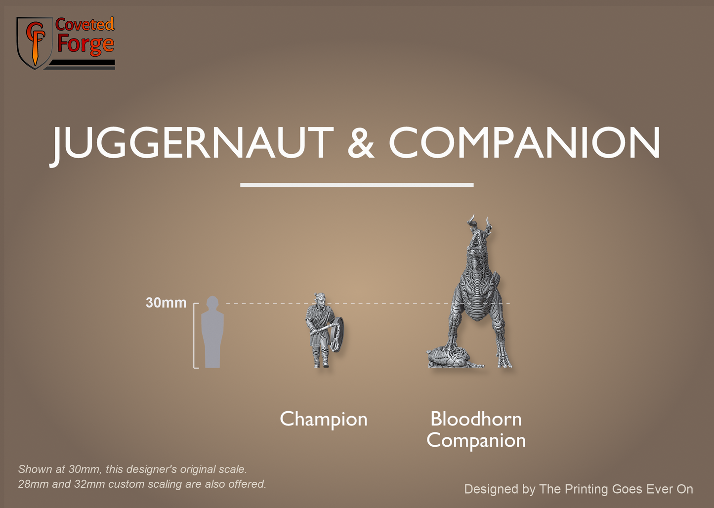 Orc Juggernaut champion and rearing Bloodhorn companion shown at 30mm beside a human silhouette with scale bracket