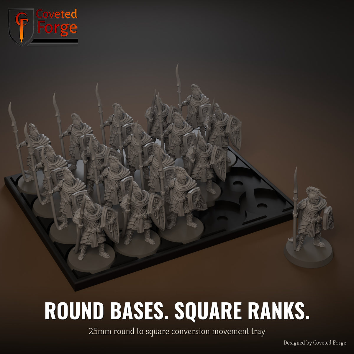 25mm round to square conversion movement tray with miniatures ranked up