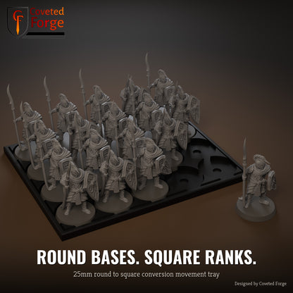 25mm round to square conversion movement tray with miniatures ranked up