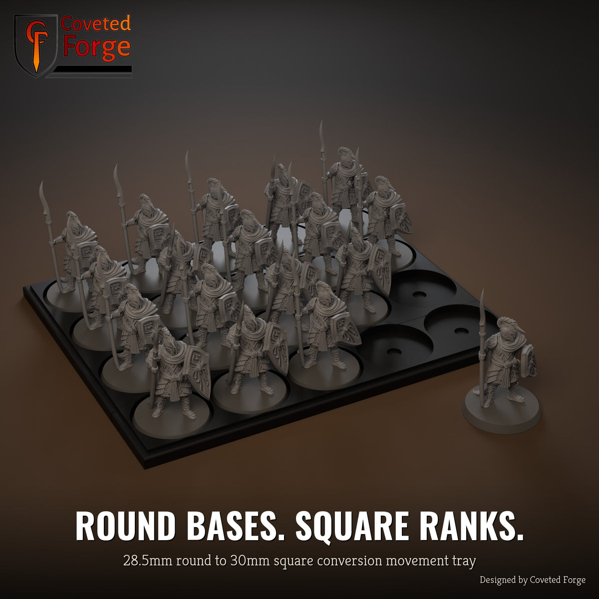 28.5mm round to 30mm square conversion movement tray with miniatures ranked up