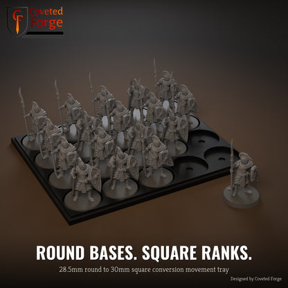 28.5mm round to 30mm square conversion movement tray with miniatures ranked up