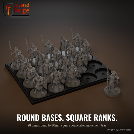 28.5mm round to 30mm square conversion movement tray with miniatures ranked up