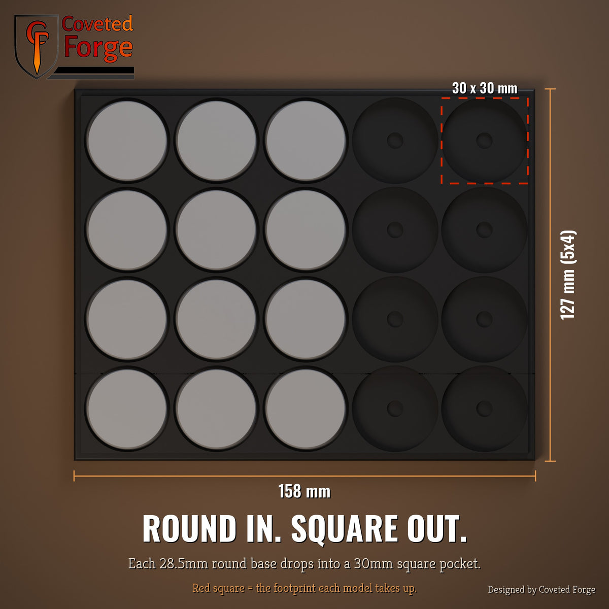 28.5mm round to 30mm square conversion tray dimensions, top view