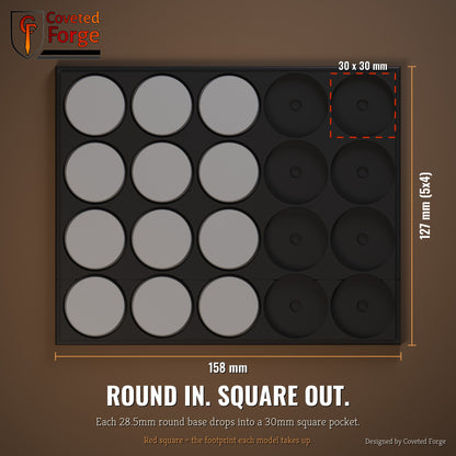 28.5mm round to 30mm square conversion tray dimensions, top view