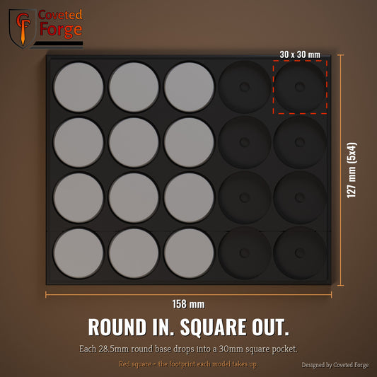 28.5mm round to 30mm square conversion tray dimensions, top view