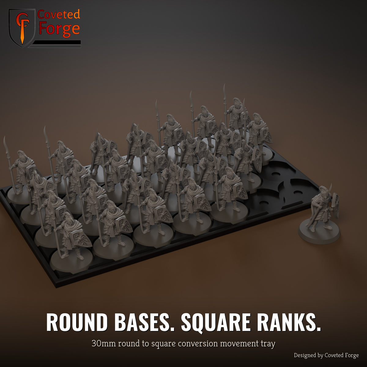 30mm round to square conversion movement tray with miniatures ranked up