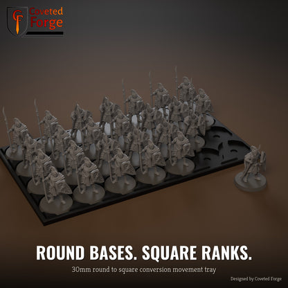 30mm round to square conversion movement tray with miniatures ranked up