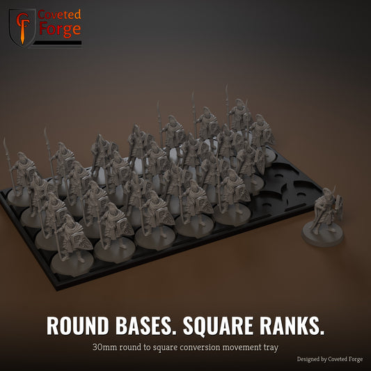 30mm round to square conversion movement tray with miniatures ranked up