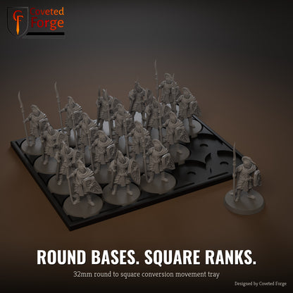 32mm round to square conversion movement tray with miniatures ranked up
