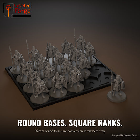 32mm round to square conversion movement tray with miniatures ranked up
