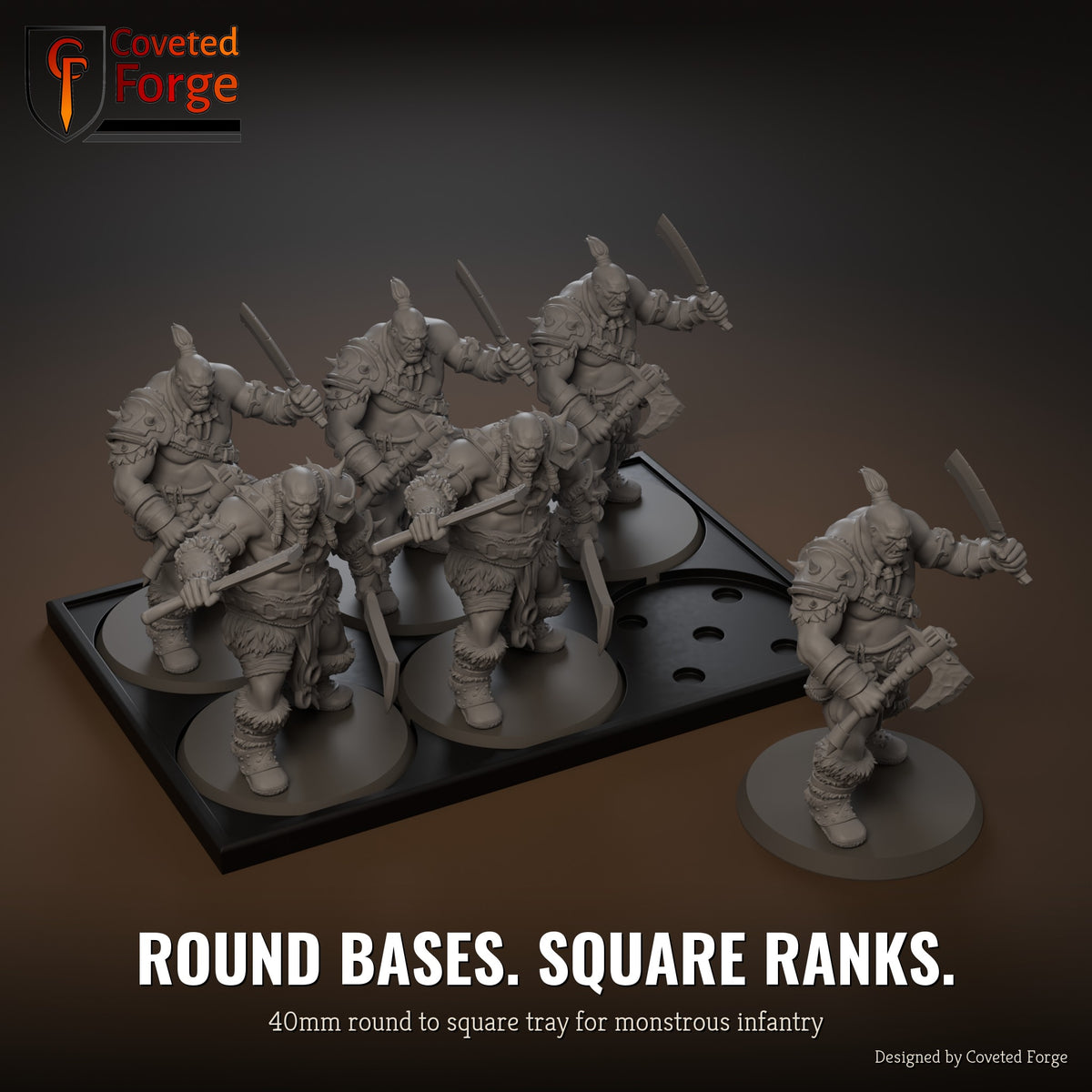 40mm round to square conversion movement tray with miniatures ranked up