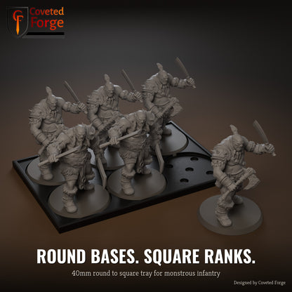 40mm round to square conversion movement tray with miniatures ranked up