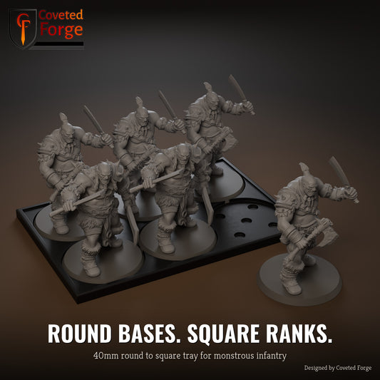 40mm round to square conversion movement tray with miniatures ranked up