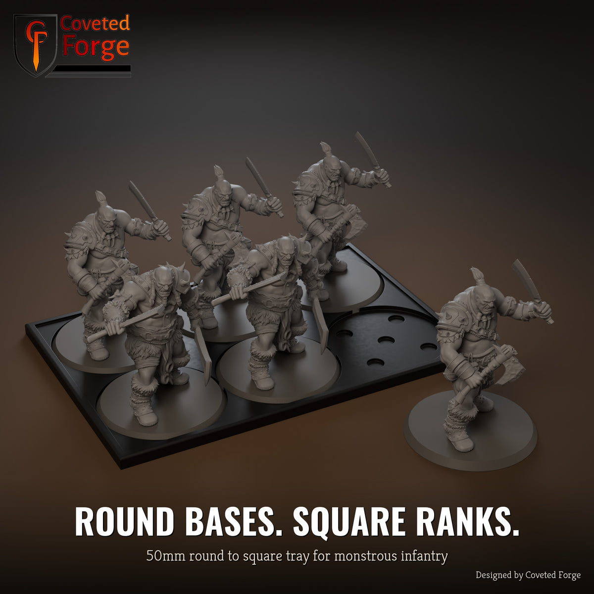 50mm round to square conversion movement tray with miniatures ranked up