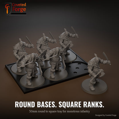 50mm round to square conversion movement tray with miniatures ranked up