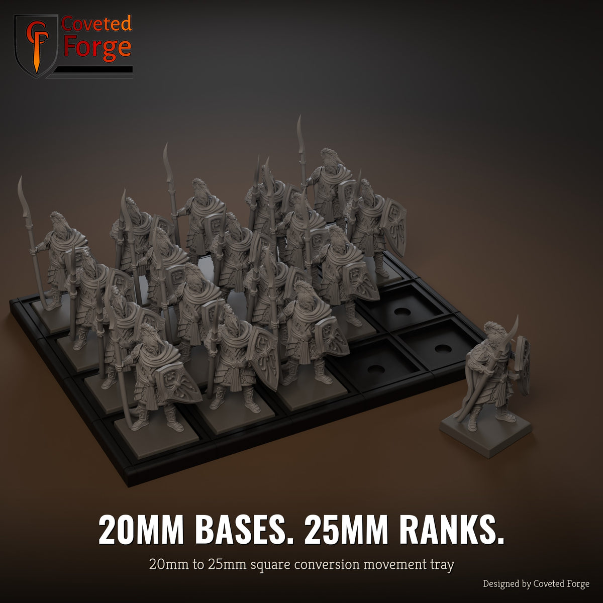 20mm to 25mm square conversion movement tray with miniatures ranked up